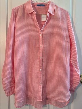 J. McLaughlin Lrg LINEN Minimalist Coastal Capsule Pink White Button Down Shirt